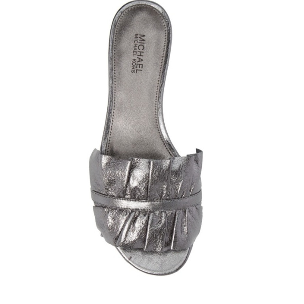 Michael Michael Kors Bella Metallic Pewter Ruffle Leather Slide Sandals Flats